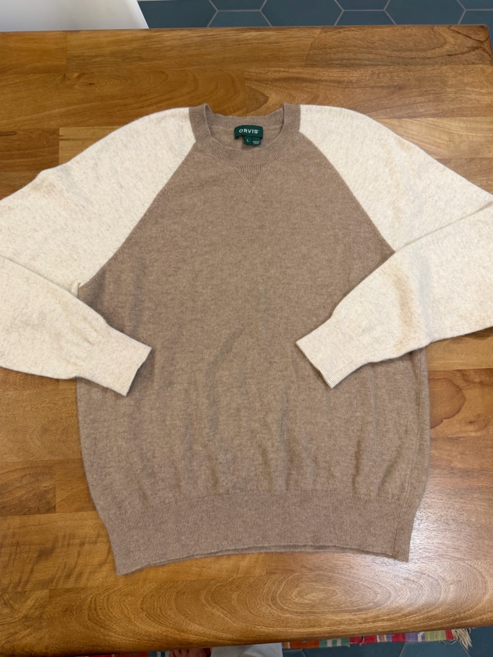 Orvis Men’s 100% Cashmere Two-Tone Crewneck Sweater in Cream & Brown Size Large